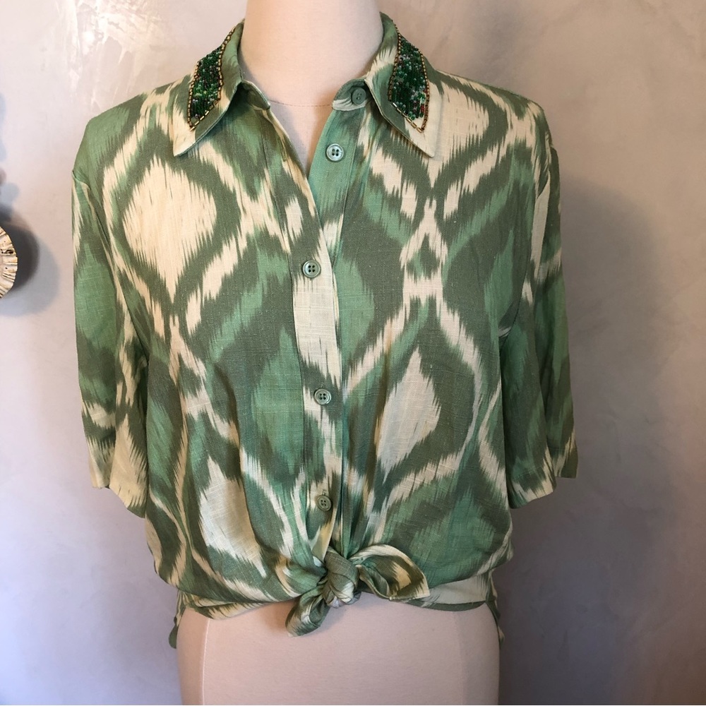 Zara Green & cream ikat pattern short sleeve w/beaded lapel collar Size Medium - Picture 5 of 14